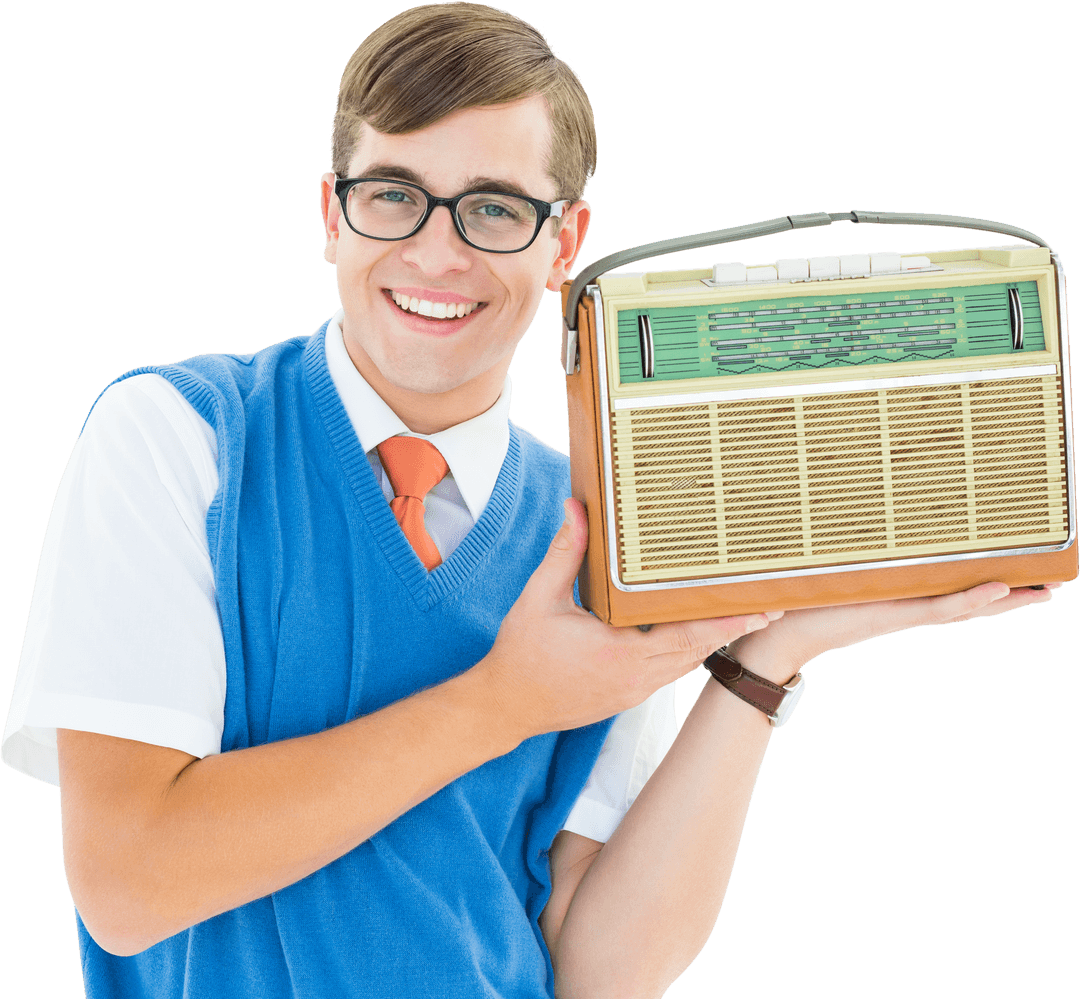 Smiling Retro Man Holding Transparent Vintage Radio Enthusiastically
