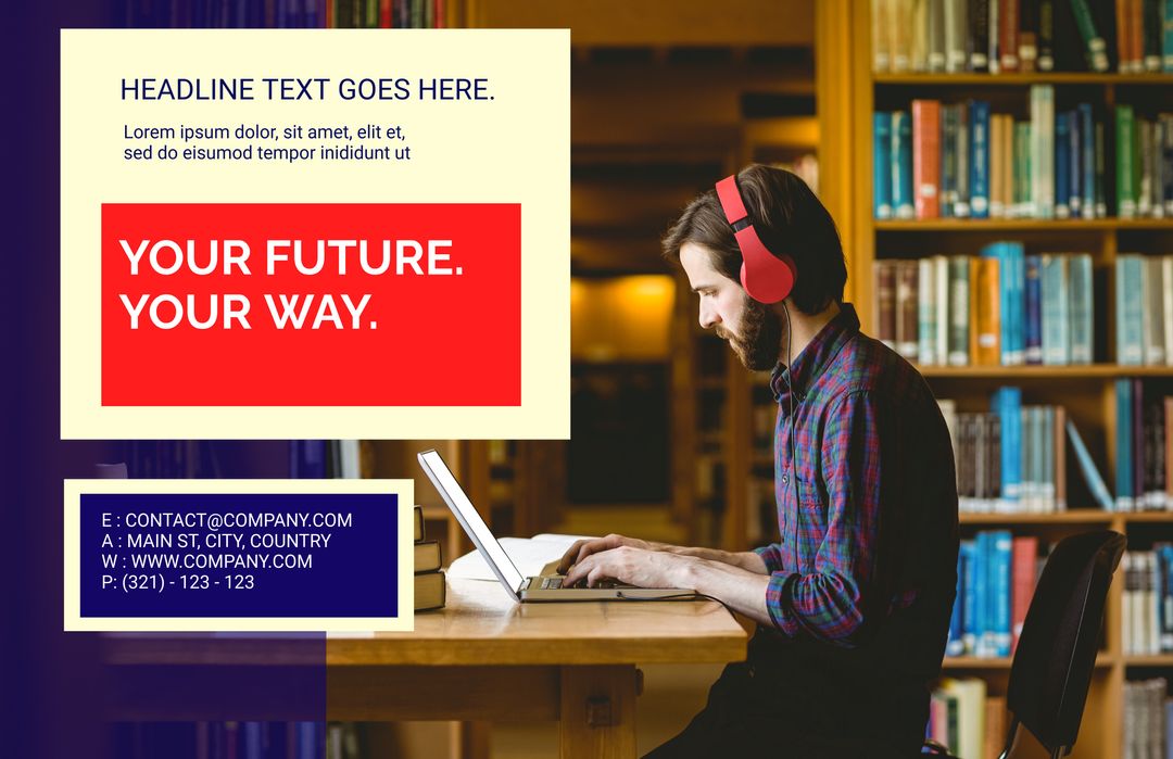 Focused Study with Headphones in Library for Educational Promotion