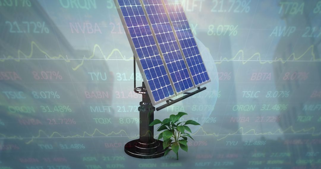Solar Panel Concept with Financial Data and Cityscape Background