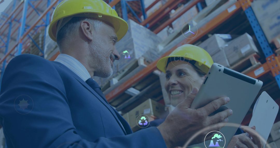 Warehouse Manager and Supervisor Reviewing Logistics Data on Tablet Wearing Hard Hats