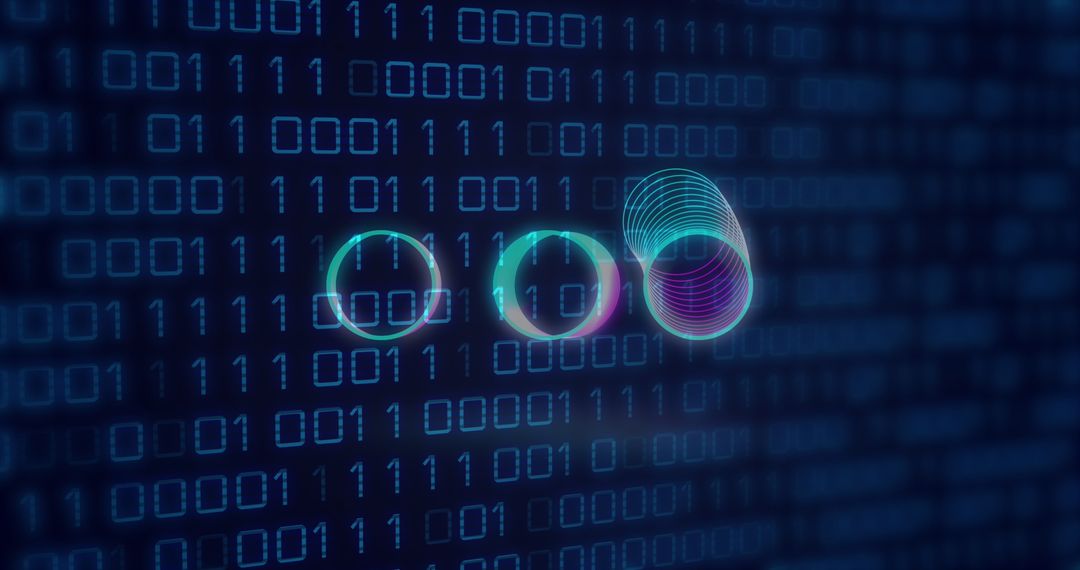 Neon Circles Overlay on Binary Digital Data Background