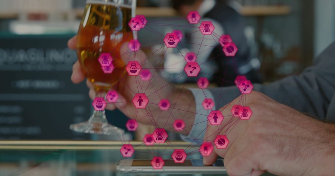 Modern Social Connection: Man Using Smartphone while Enjoying Drinks at Bar