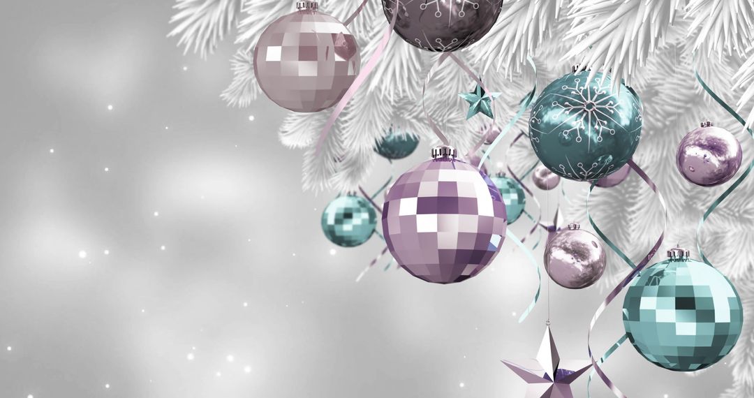 Decorative Baubles on Frosted Tree with Digital Sparkle Effect
