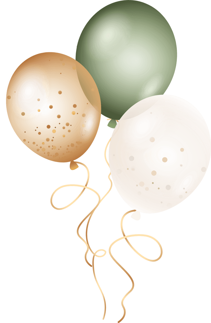 Floating Balloons with Golden Ribbons on Transparent Background