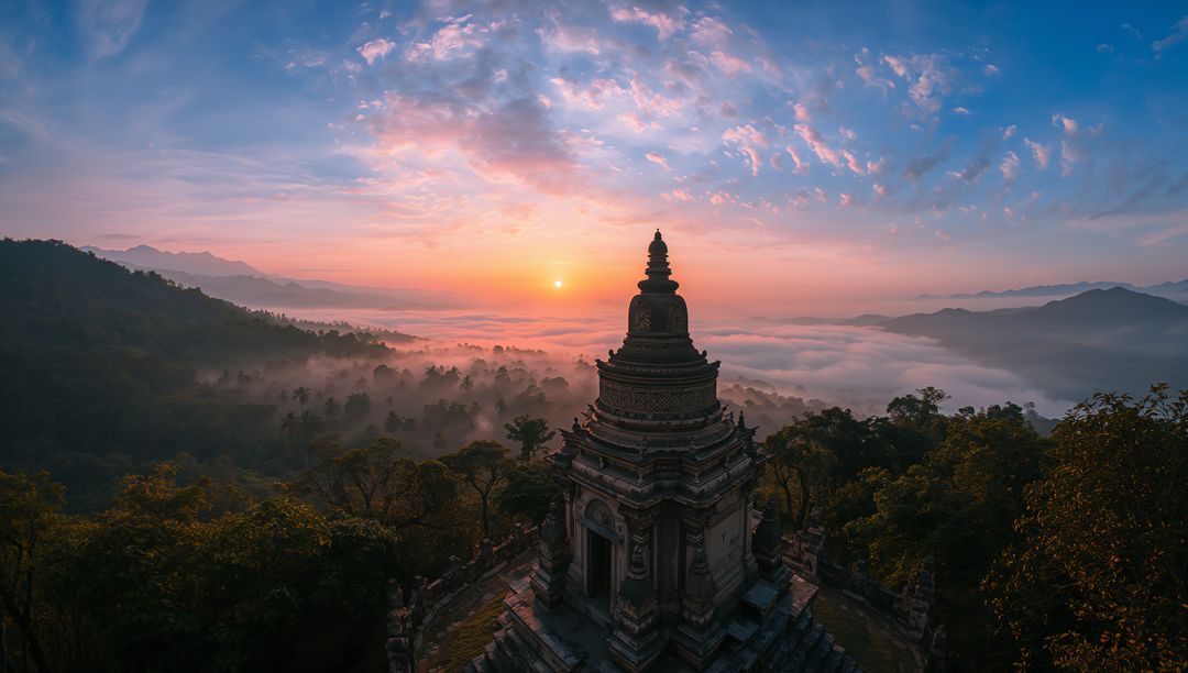 Dawn Sun Rising Over Misty Valley and Ancient Hilltop Stupa