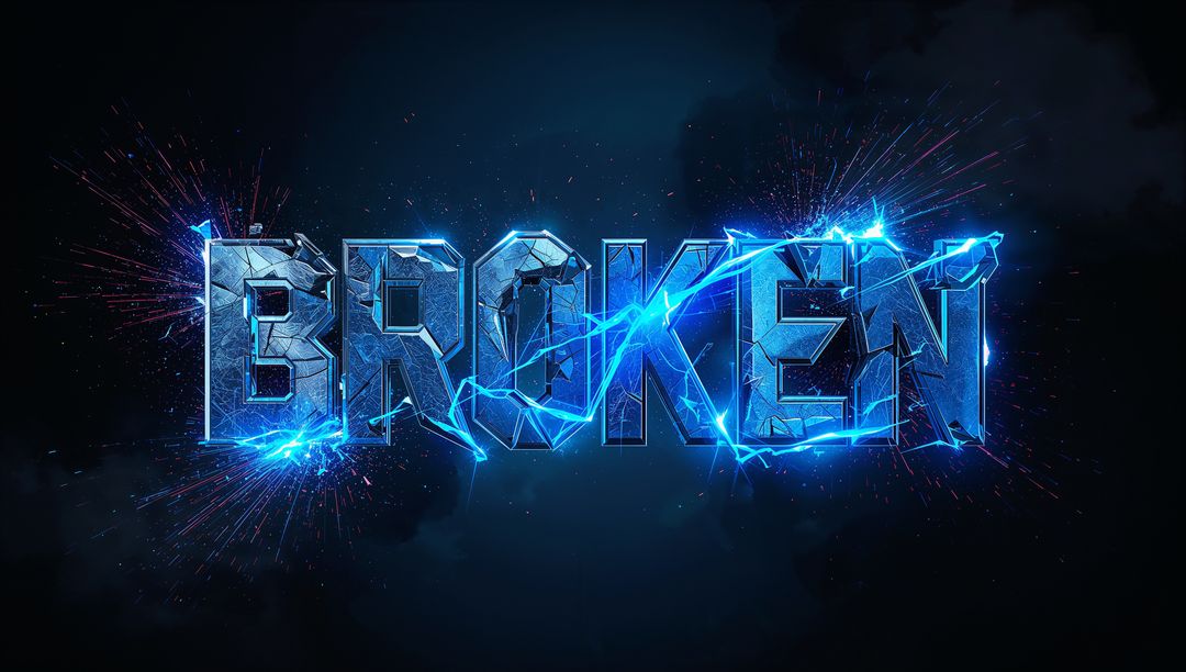Crackling Fractured BROKEN Typography Emitting Neon-Blue Lightning Arcs and Sparks