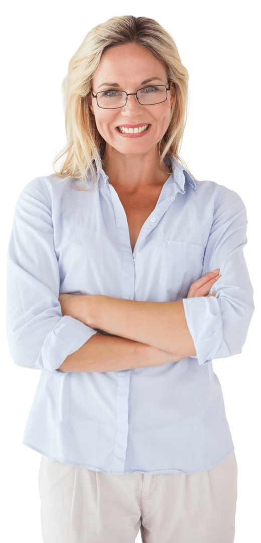 Confident Caucasian Woman Smiling with Arms Crossed on Transparent Background