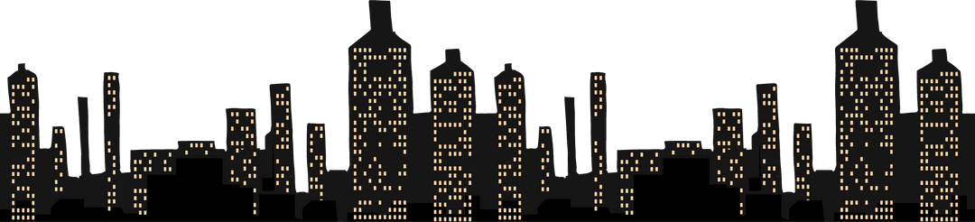 Silhouette city skyline with lit windows on transparent background
