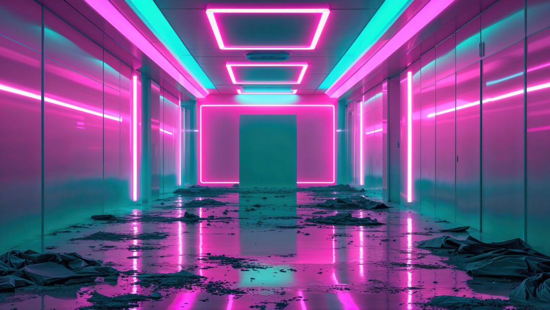 Futuristic Neon Corridor with Debris and Bright Lights