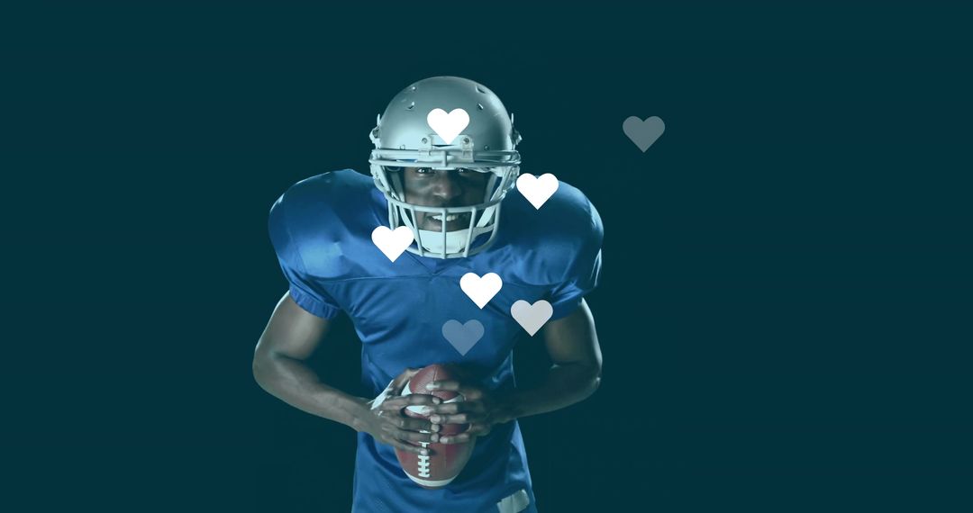 Football Player in Studio with Heart Icons, Exemplifying Passion