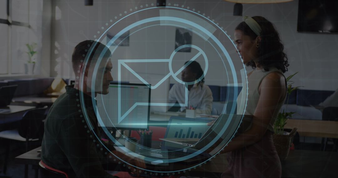 Cybersecurity Icons Over Office Team Discussing Data