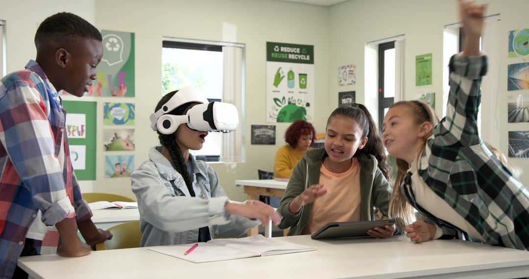 Diverse Children Exploring Virtual Reality and Tablet Technology in Classroom