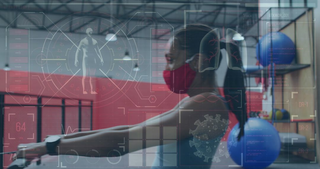 Exercise Post-COVID-19: Woman in Gym with Digital Graph Overlays