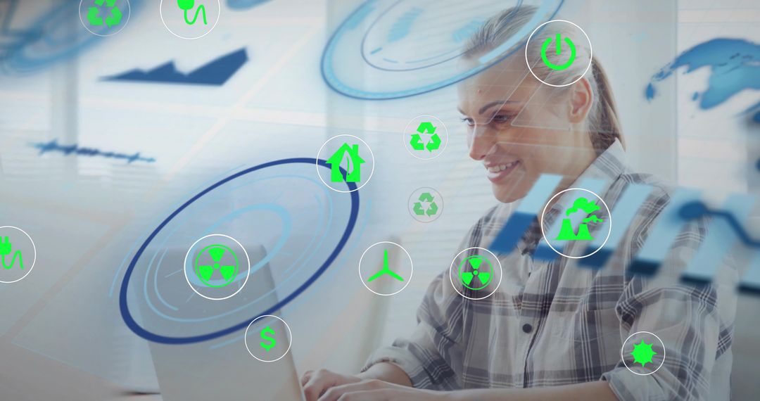 Smiling Woman Interacting with Virtual Eco-Friendly Icons on Laptop