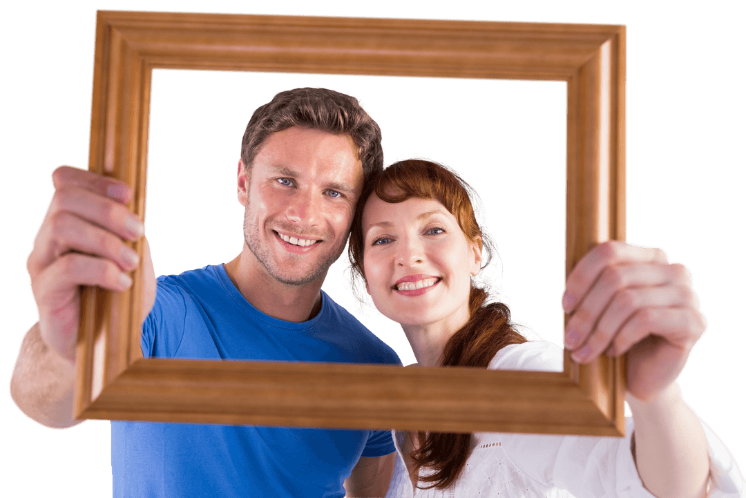 Happy Couple Holding Wooden Frame Transparent Background
