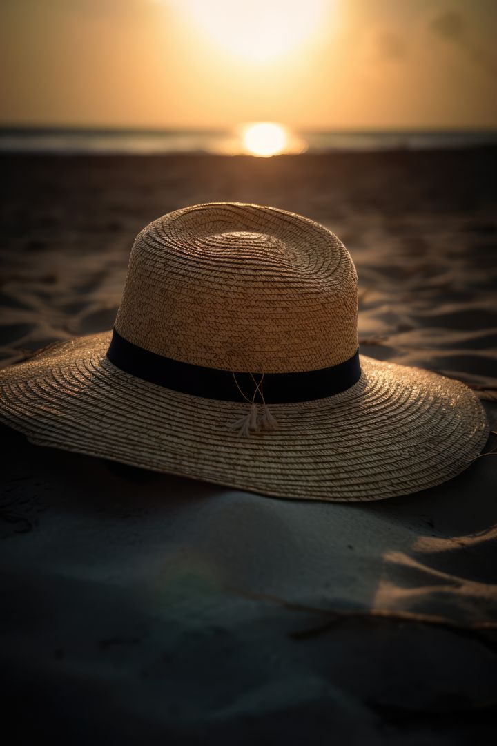 Straw Hat on Beach Sand at Sunset - Free Images, Stock Photos and Pictures on Pikwizard.com