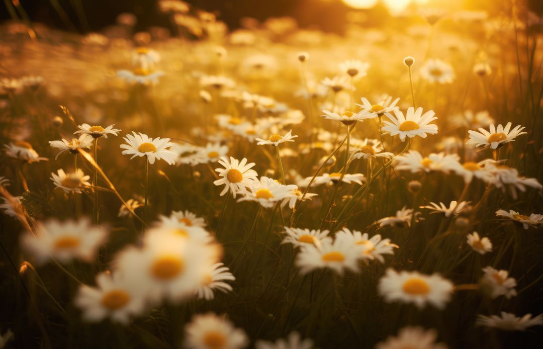 Close up of meadow with multiple white daisies and sunlight created using generative ai technology - Free Images, Stock Photos and Pictures on Pikwizard.com