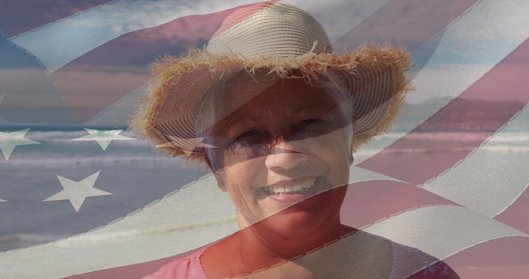 Senior Woman Smiling with USA Flag Overlay on Beach