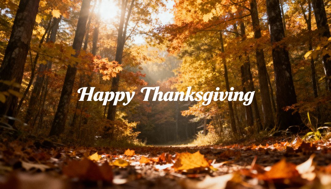 Sunlit Autumn Forest Trail with Golden Leaves and Happy Thanksgiving Greeting