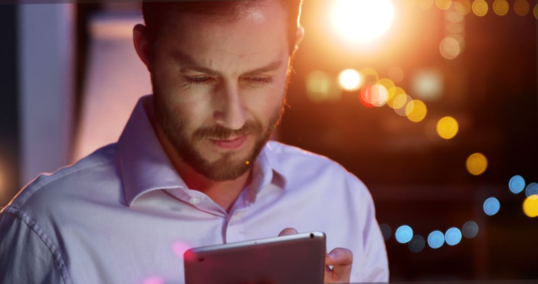 Man Using Tablet against Stylish Night Backdrop with Bokeh Lights - Free Images, Stock Photos and Pictures on Pikwizard.com