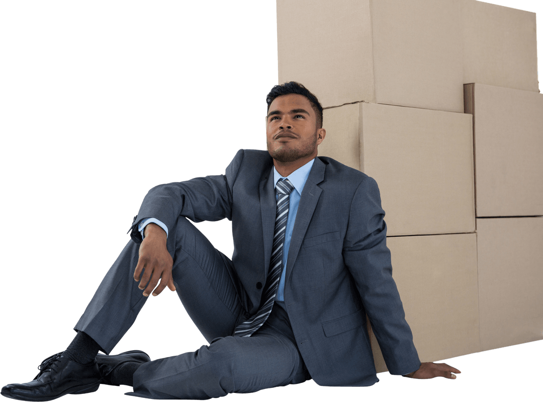 Thoughtful Businessman Leaning on Cardboard Boxes with Transparent Background
