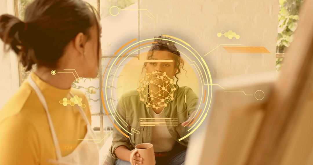 Artist Mentoring Session in Studio with Augmented Reality Overlay Holding Mug and Canvas