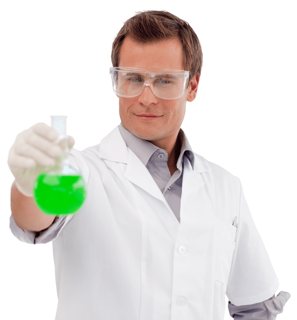 Scientist Holding Flask with Green Liquid Transparent Background
