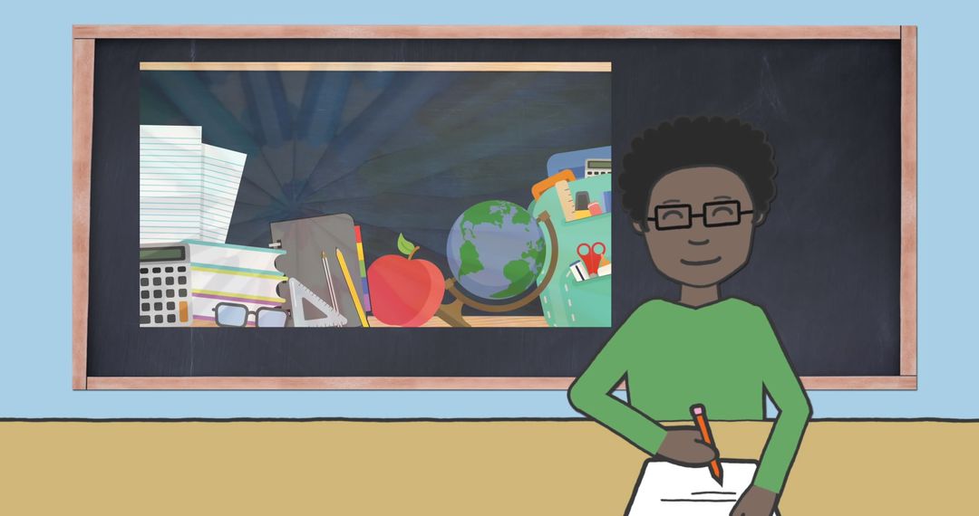 Cartoon Teacher in Classroom with Vibrant Educational Tools