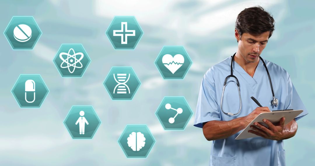 Surgeon Analyzing Medical Data with Healthcare Icons Overlay