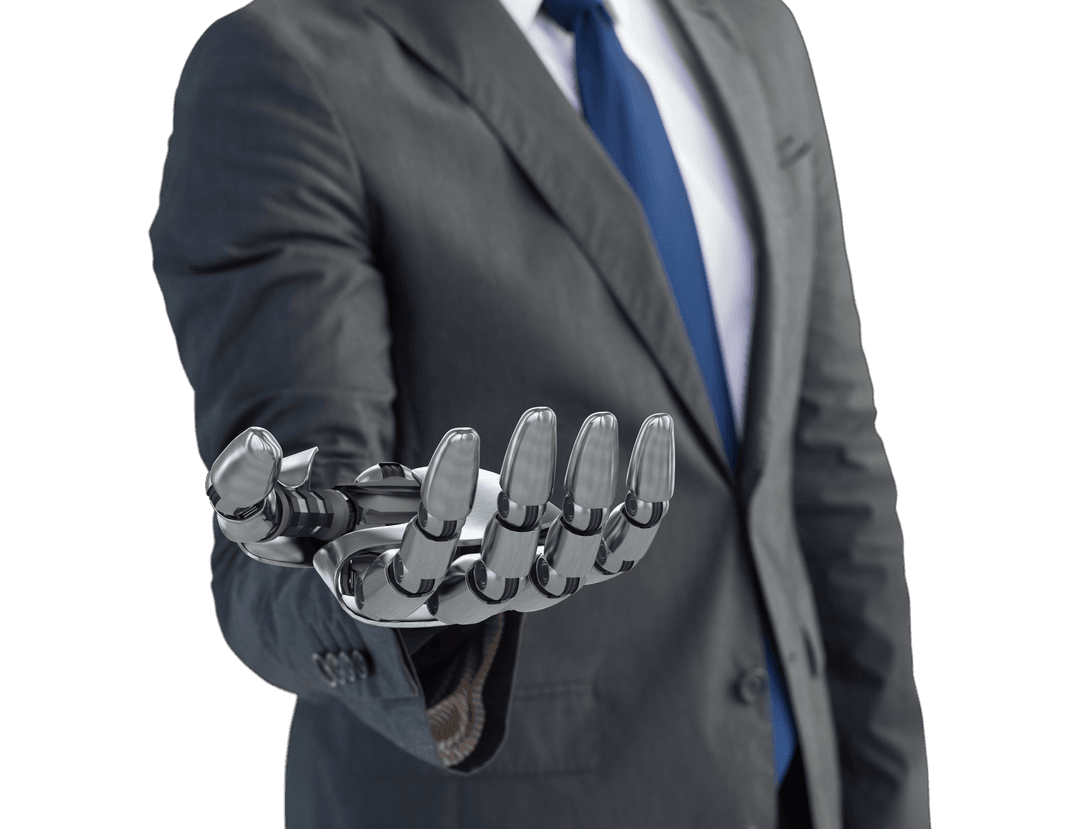 Businessman with Robot Hand on Transparent Background for Innovative Technology Concepts