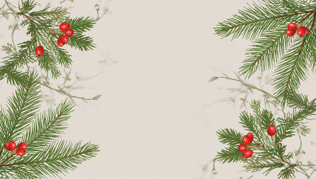 Festive evergreen border with red berry clusters on warm beige background holiday design