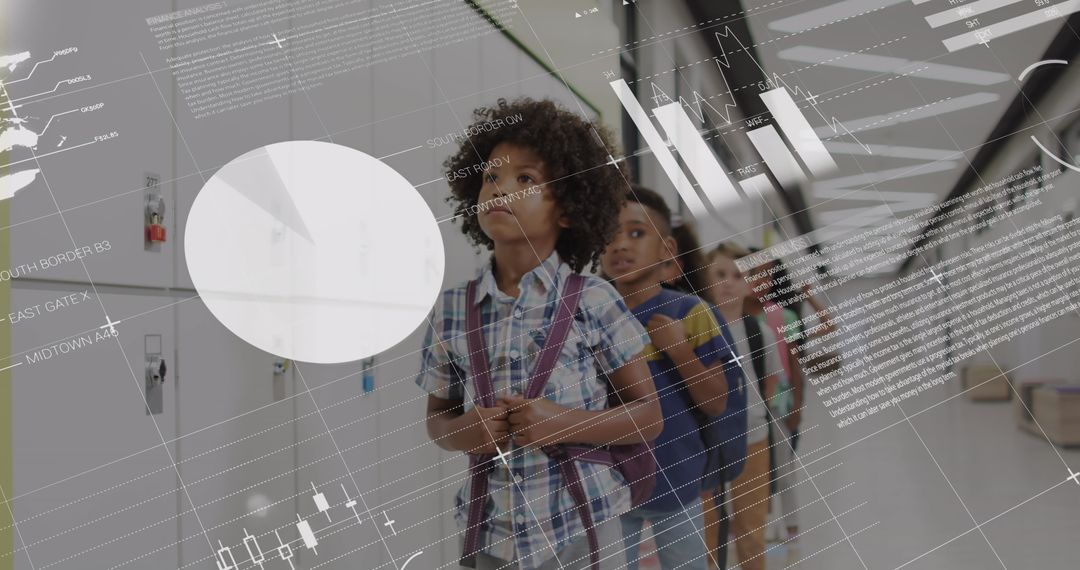 Diverse Schoolchildren in Corridor with Data Overlay