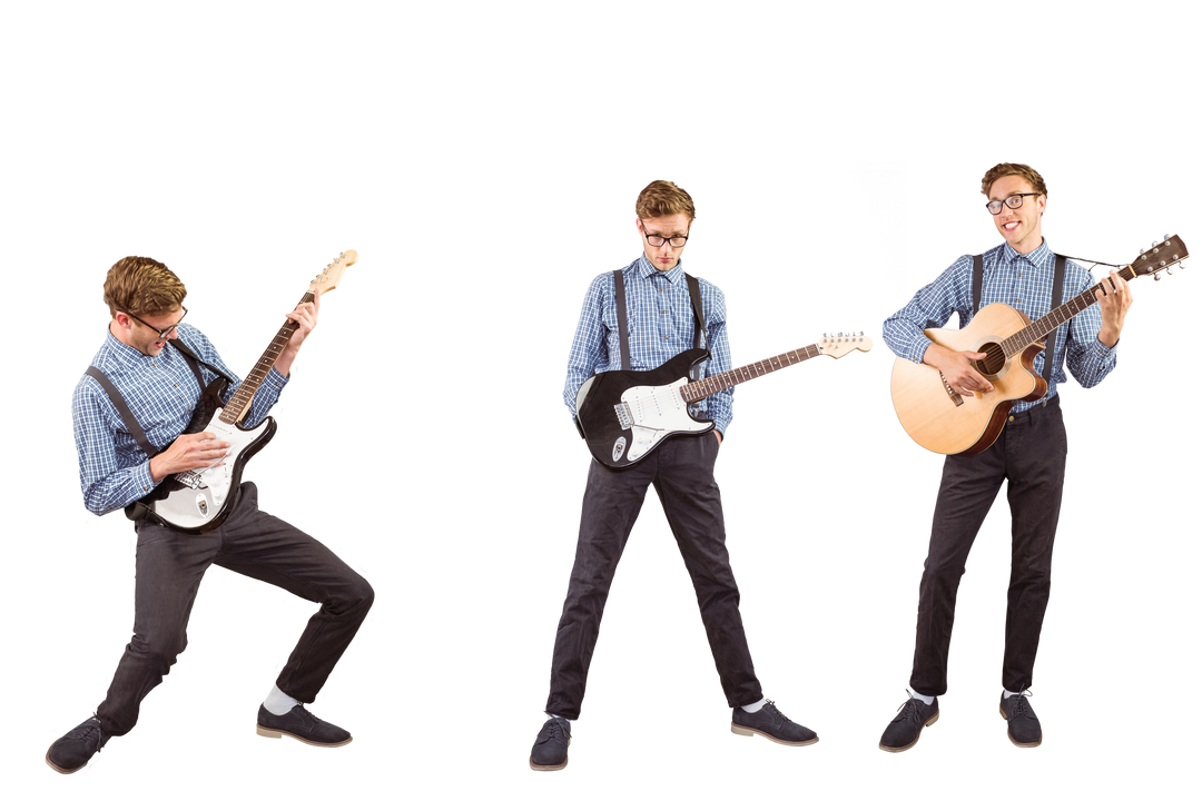 Transparent multiple image of cheerful man playing guitar in different styles - Download Free Stock Images Pikwizard.com