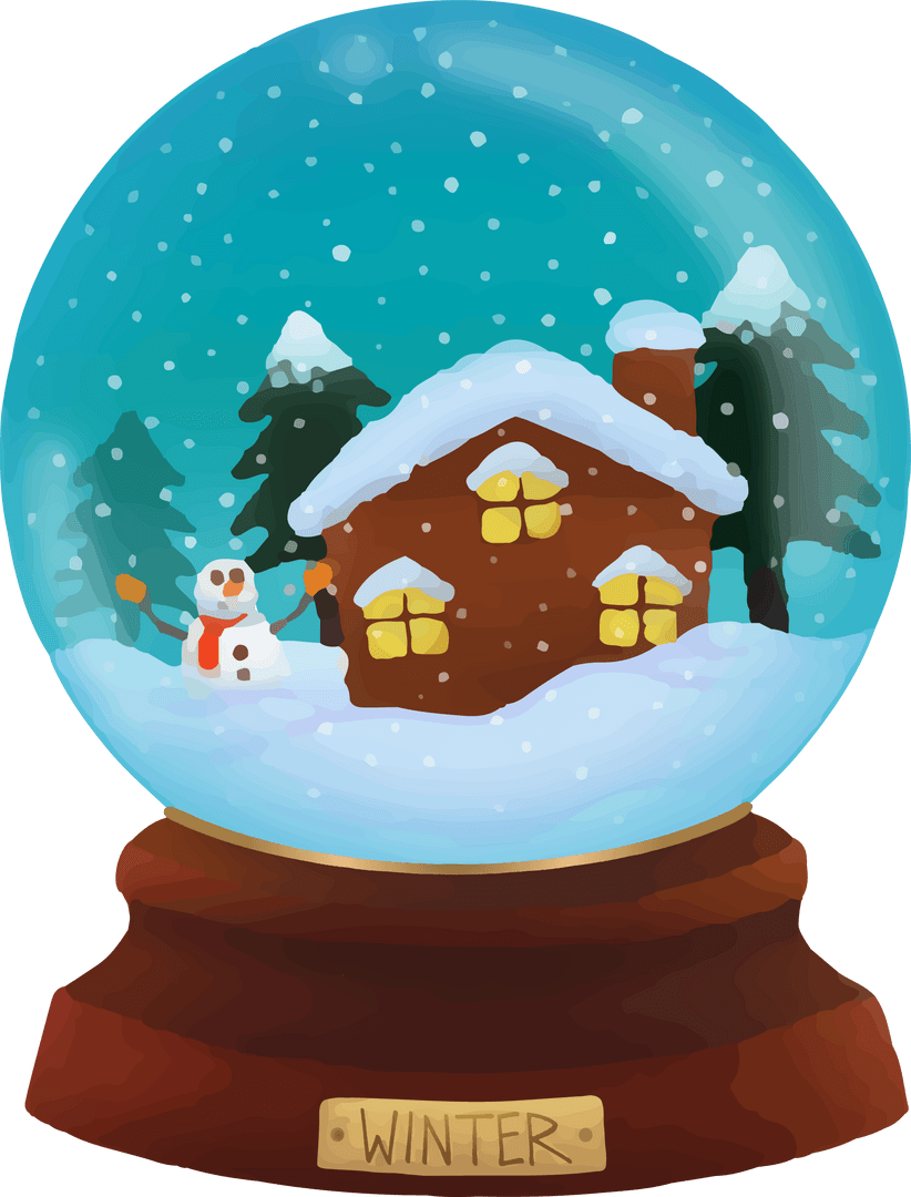 Festive Winter Snow Globe with Cabin and Snowman on Transparent Background