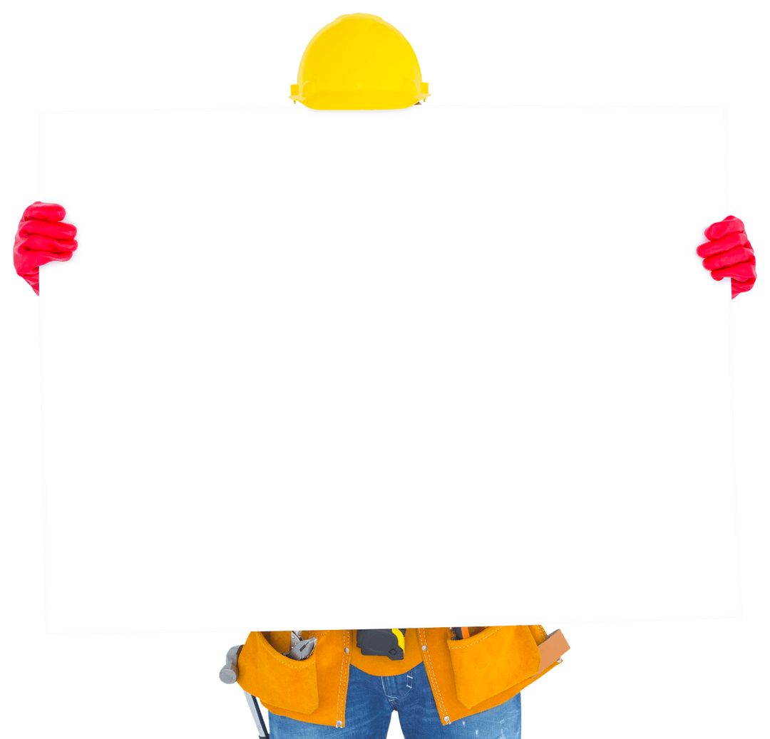 Handyman Holding Blank Transparent Placard Wearing Protective Gear
