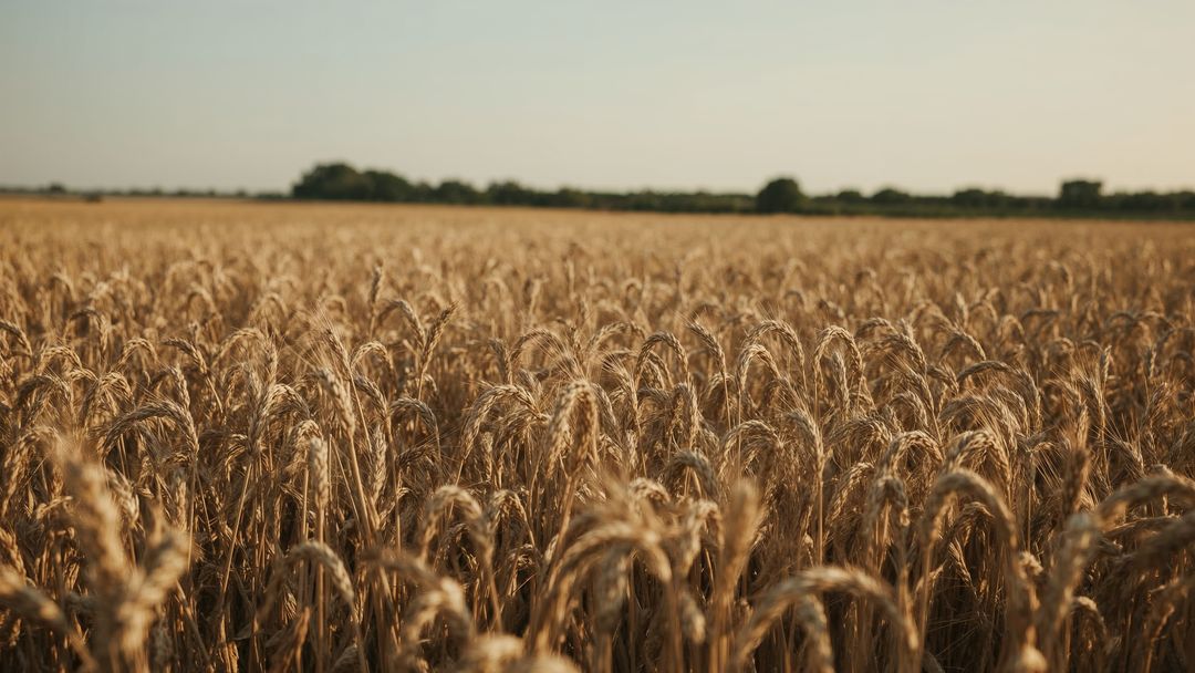 Golden Wheat Field Under Setting Sun Emphasizing Serenity and Harvest