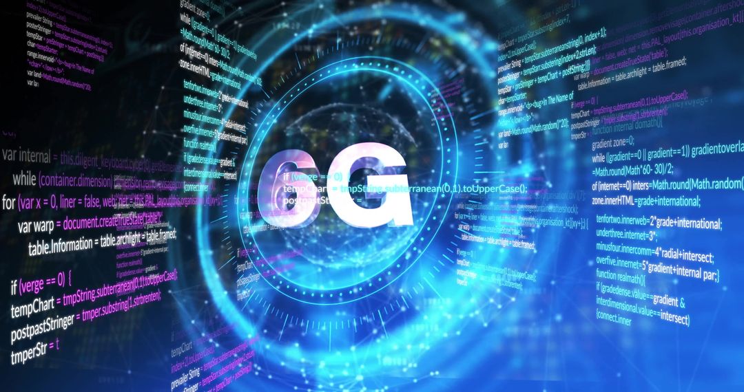 Futuristic 6G Digital Interface with Code Streams and Neon Effects