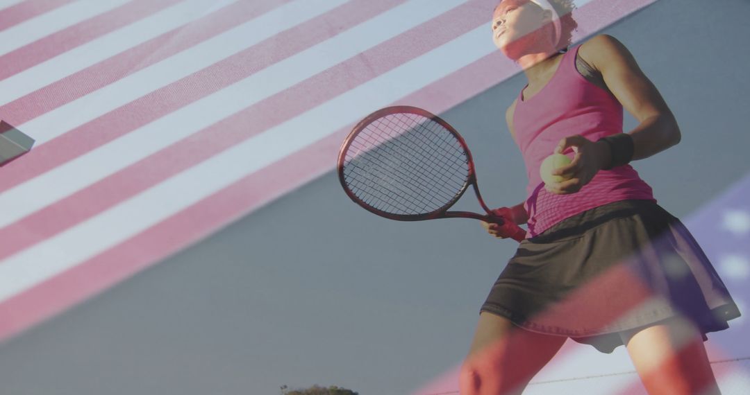 Determined Tennis Player Preparing Serve Overlaid with American Flag