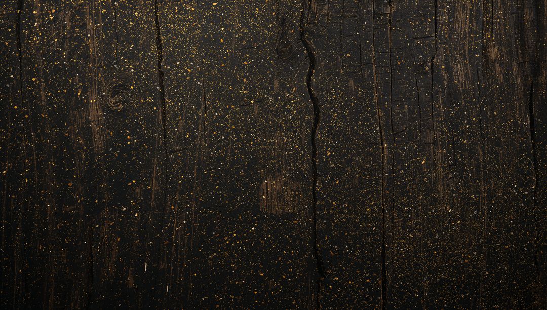 Worn Dark Wood Plank with Central Crack and Scattered Gold Flecks for Luxe Background