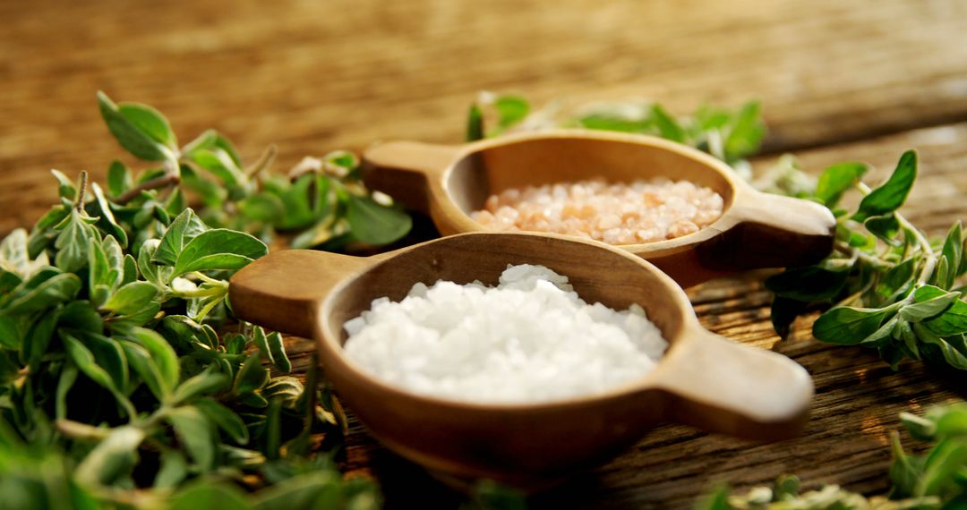 Natural Pink and White Sea Salt in Wooden Bowls Surrounded by Fresh Herbs - Free Images, Stock Photos and Pictures on Pikwizard.com