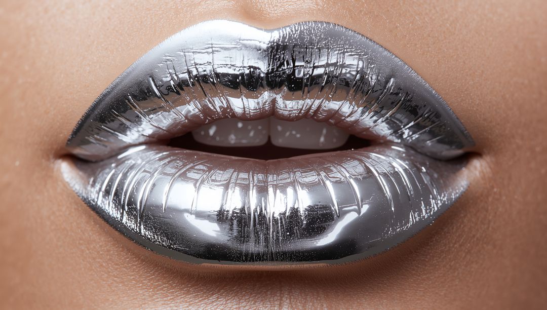 Metallic Silver Lips Reflecting Studio Lights Closeup Glossy Macro Beauty Texture