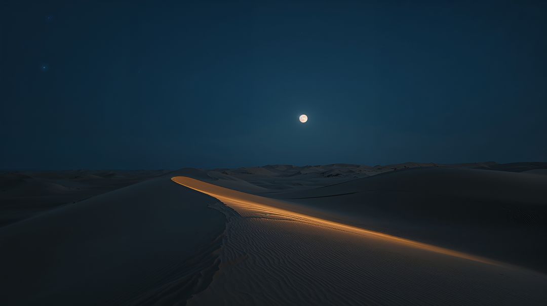 Moonlit dune crest glowing with warm light drawing eye across silent desert nightscape