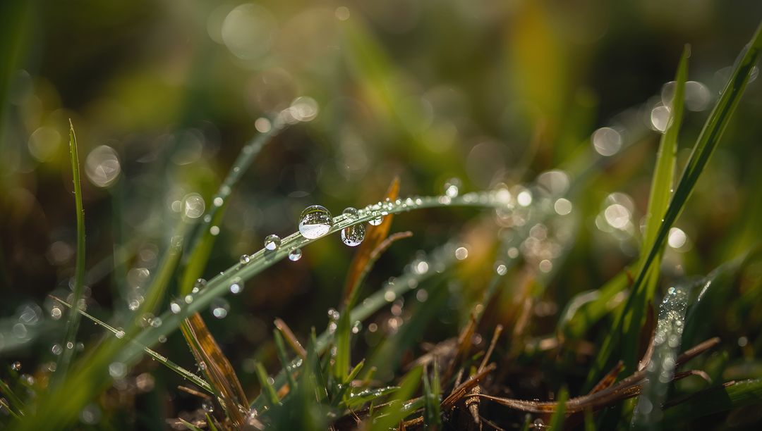 Sunlit morning dew on curved grass blade with sparkling bokeh and macro water droplets
