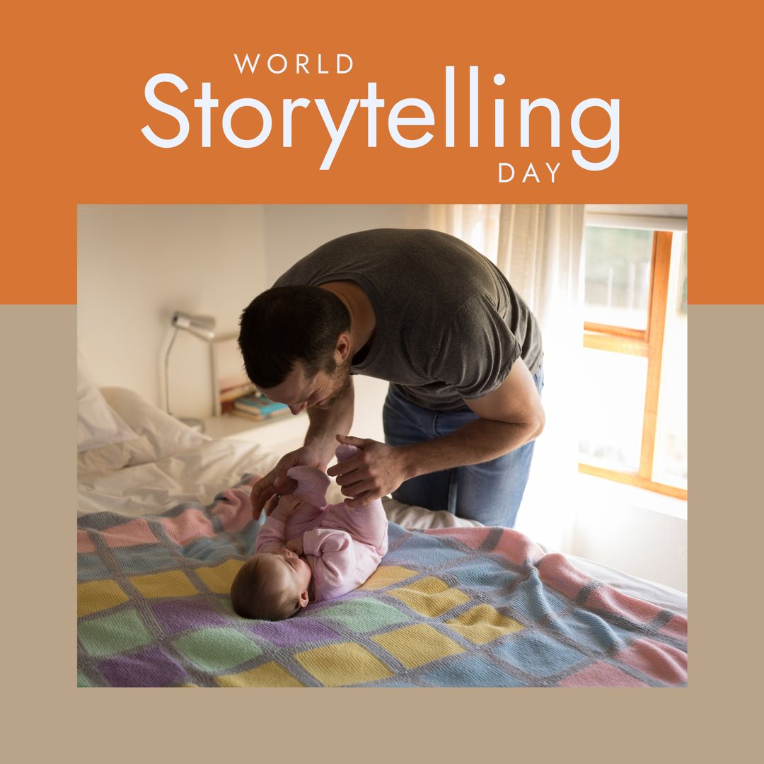 Father Joyfully Playing with Baby on Bed During Storytelling Day