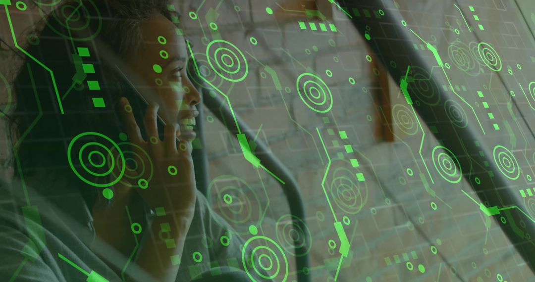 Woman on Elliptical with Tech Overlay Illustrating Modern Fitness