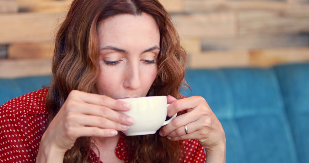 Woman Sipping Hot Beverage in Cozy Cafe with Rustic Background - Free Images, Stock Photos and Pictures on Pikwizard.com