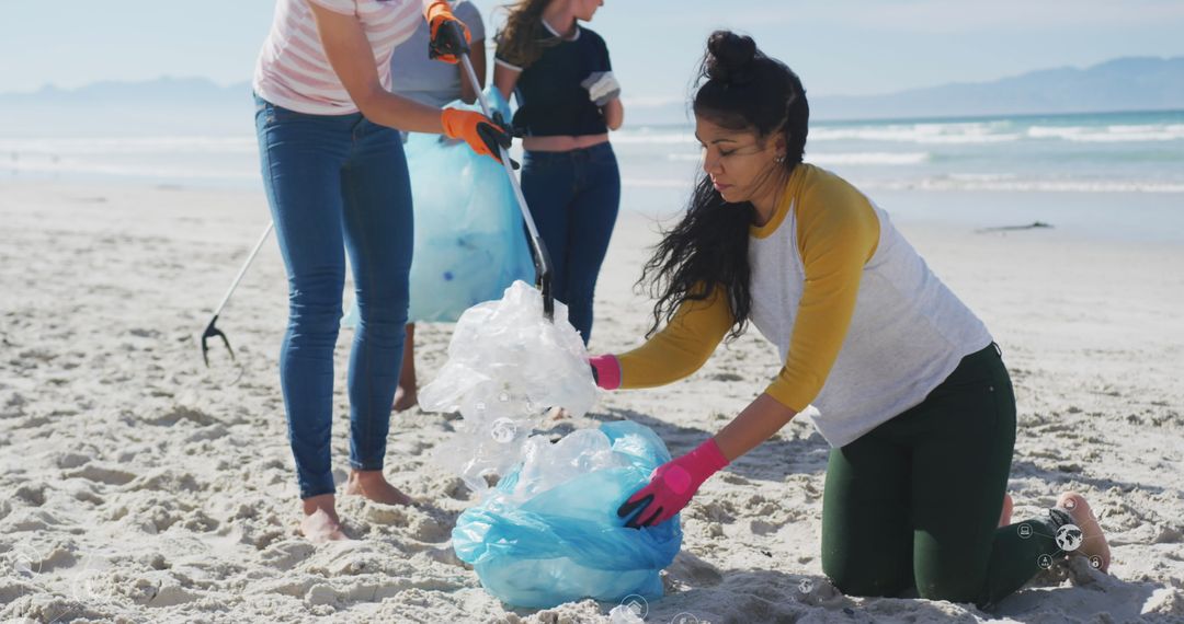 Diverse Female Volunteers Engaged in Beach Clean-up