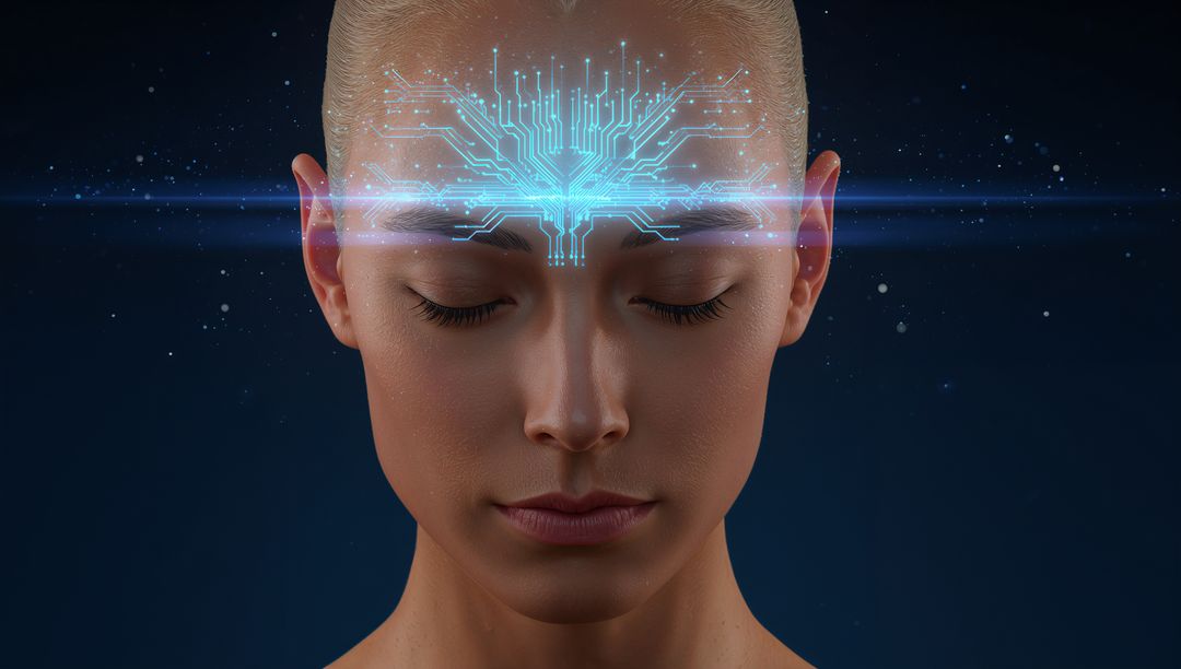 Serene futuristic female displaying holographic neural circuitry on forehead