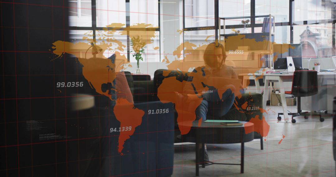 World Map on Digital Display with Businessman in Modern Office
