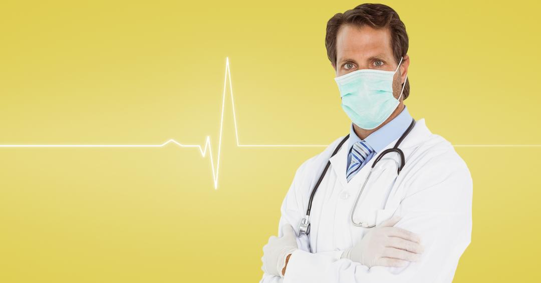 Confident Doctor Standing Against Yellow Medical Background with Heartbeat Line - Free Images, Stock Photos and Pictures on Pikwizard.com